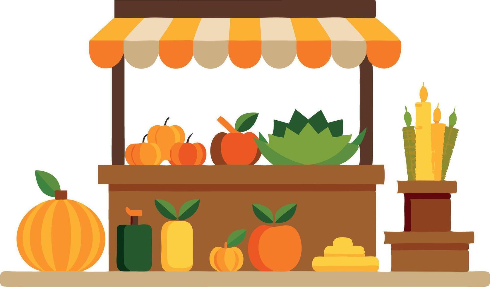 Colorful market stall with fresh produce including pumpkins and vegetables flat illustration vector