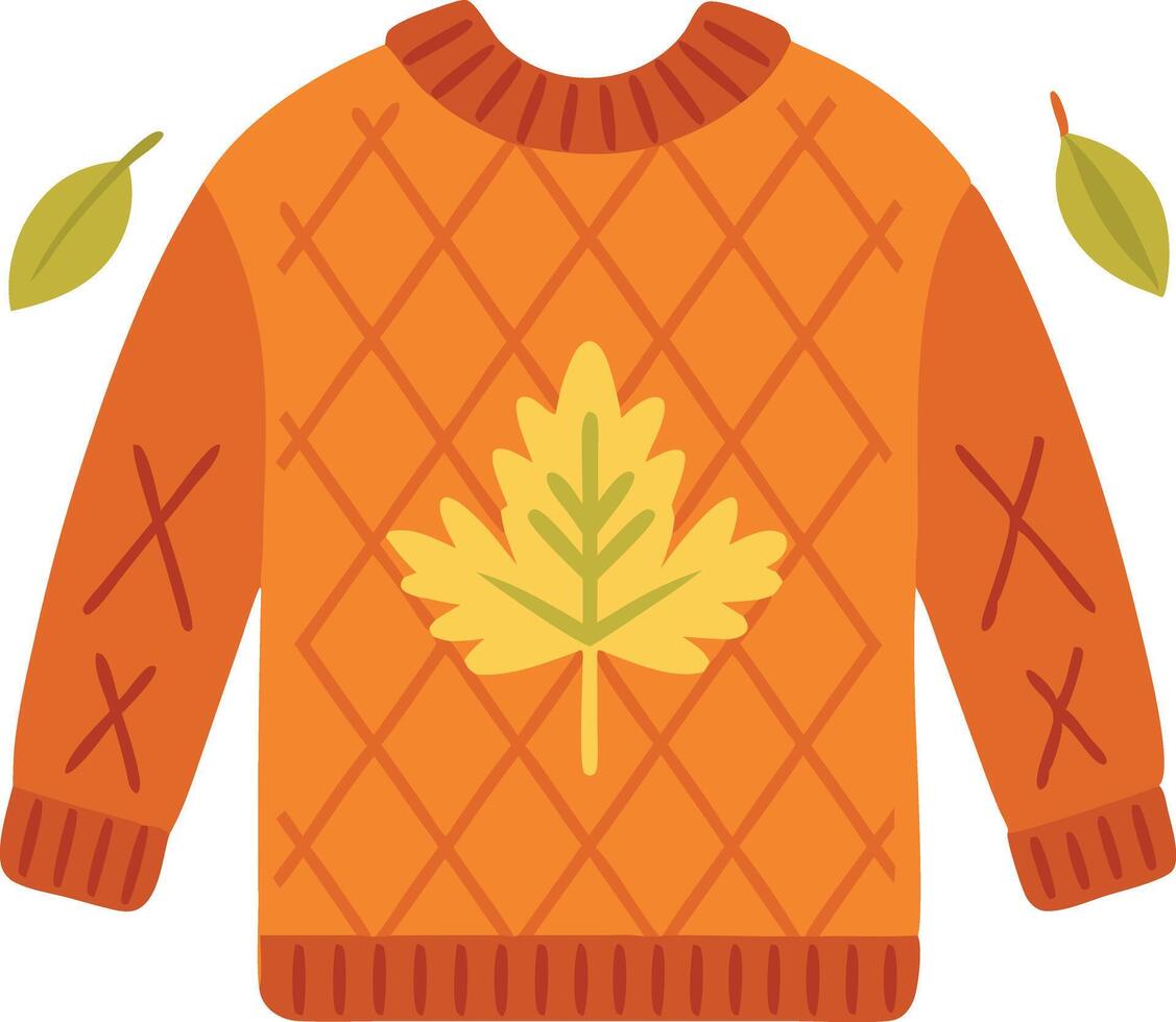 Autumn themed sweater with leaf design and geometric pattern for cozy fall fashion vector