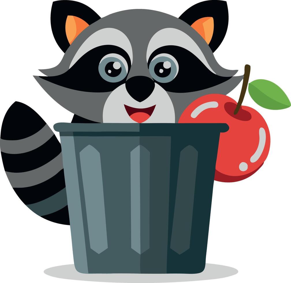 Cute cartoon raccoon with a red apple in a trash can, isolated on white background vector