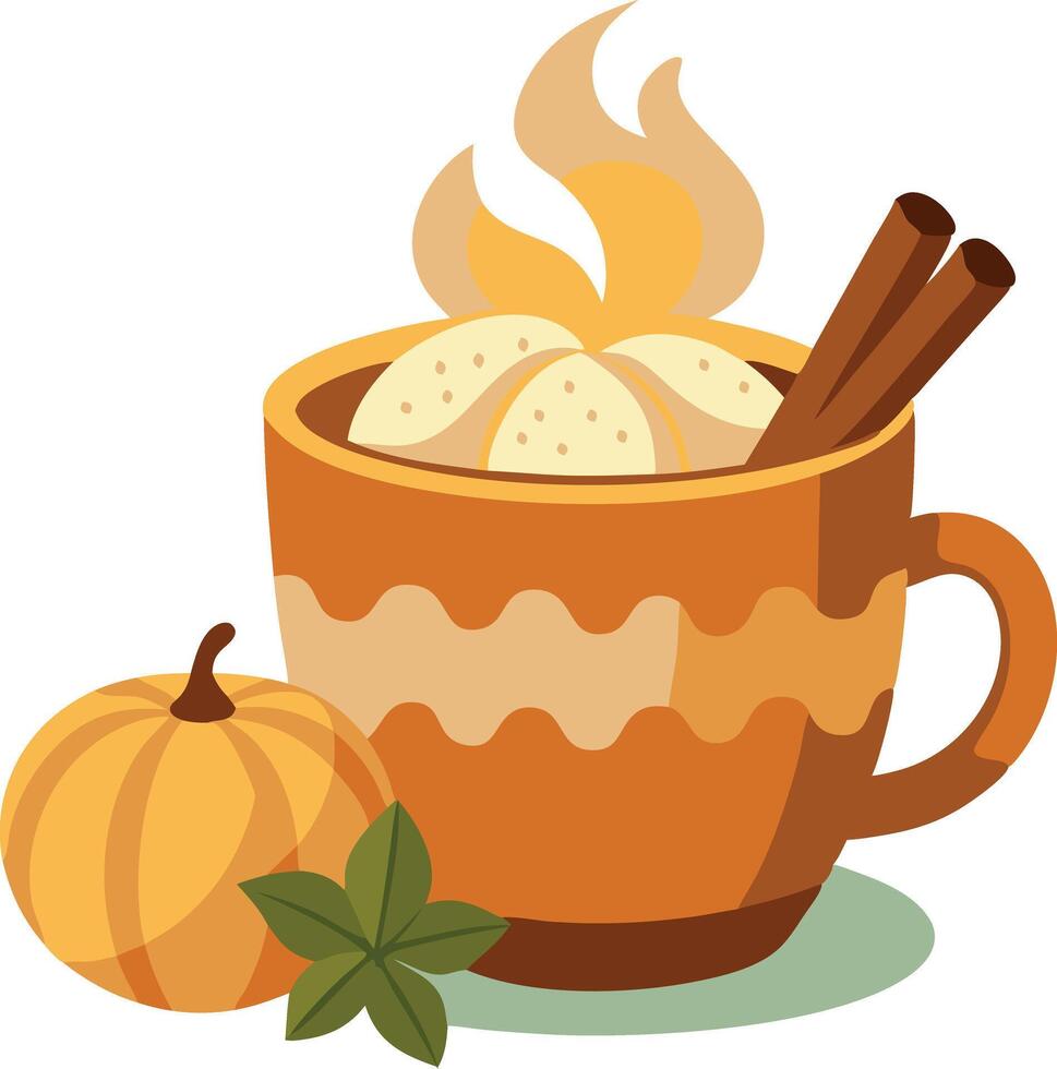 Autumn pumpkin spice latte with whipped cream, cinnamon sticks, and pumpkin decoration vector