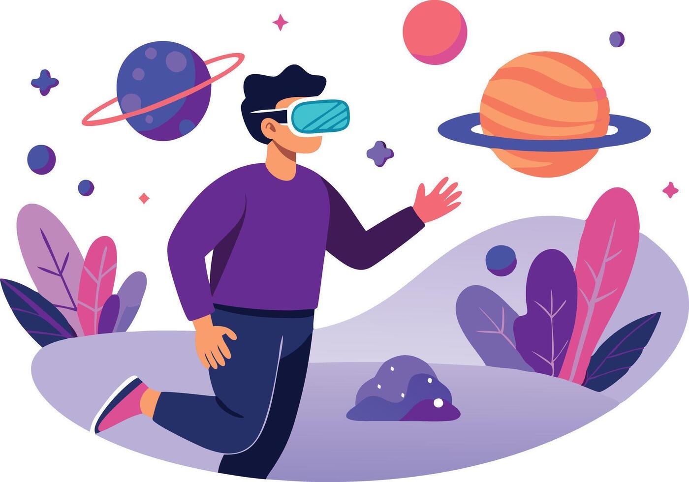 Man using virtual reality headset exploring outer space in a vibrant digital landscape vector