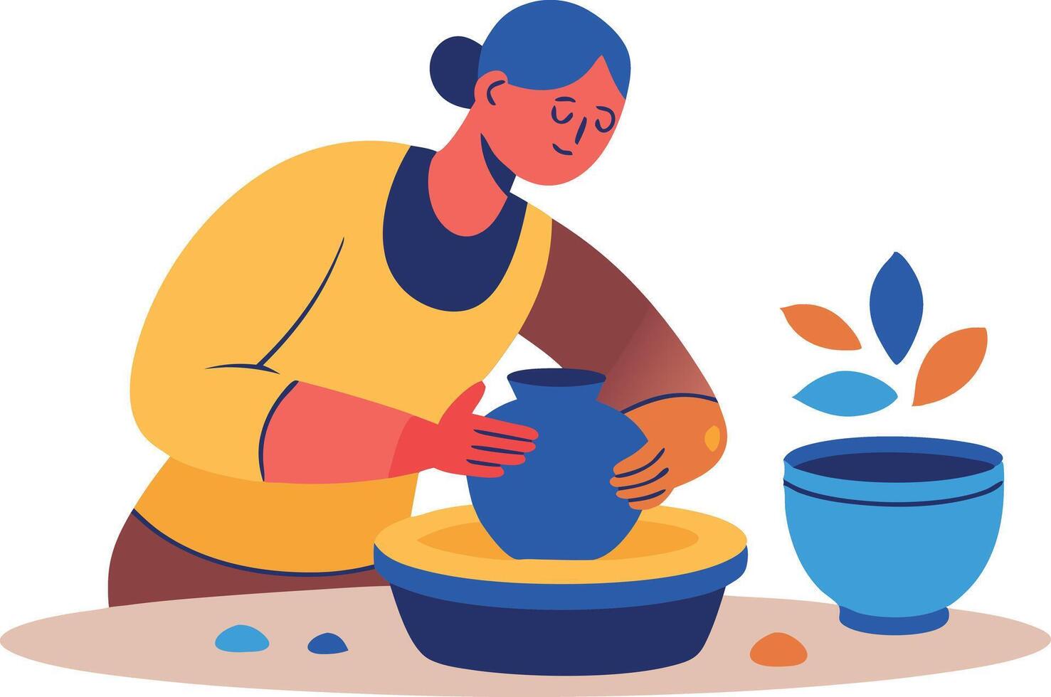 Illustration of person creating pottery on a wheel with colorful ceramic pieces vector