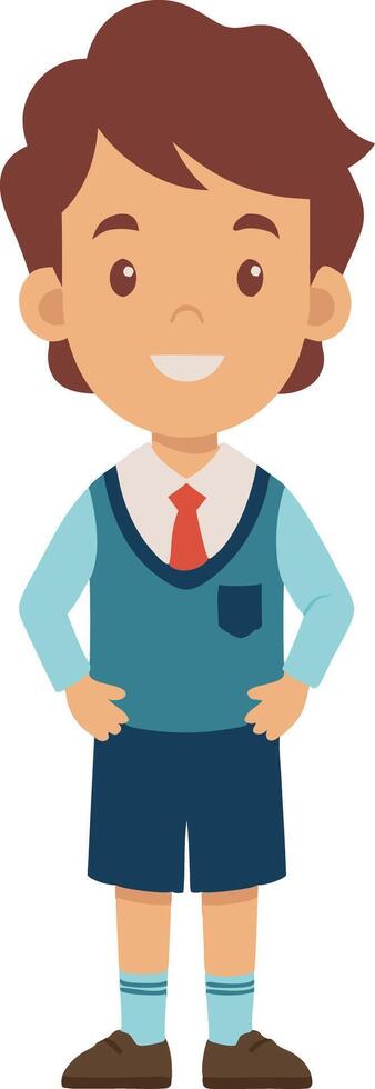 Cute cartoon boy in school uniform smiling with hands on hips vector