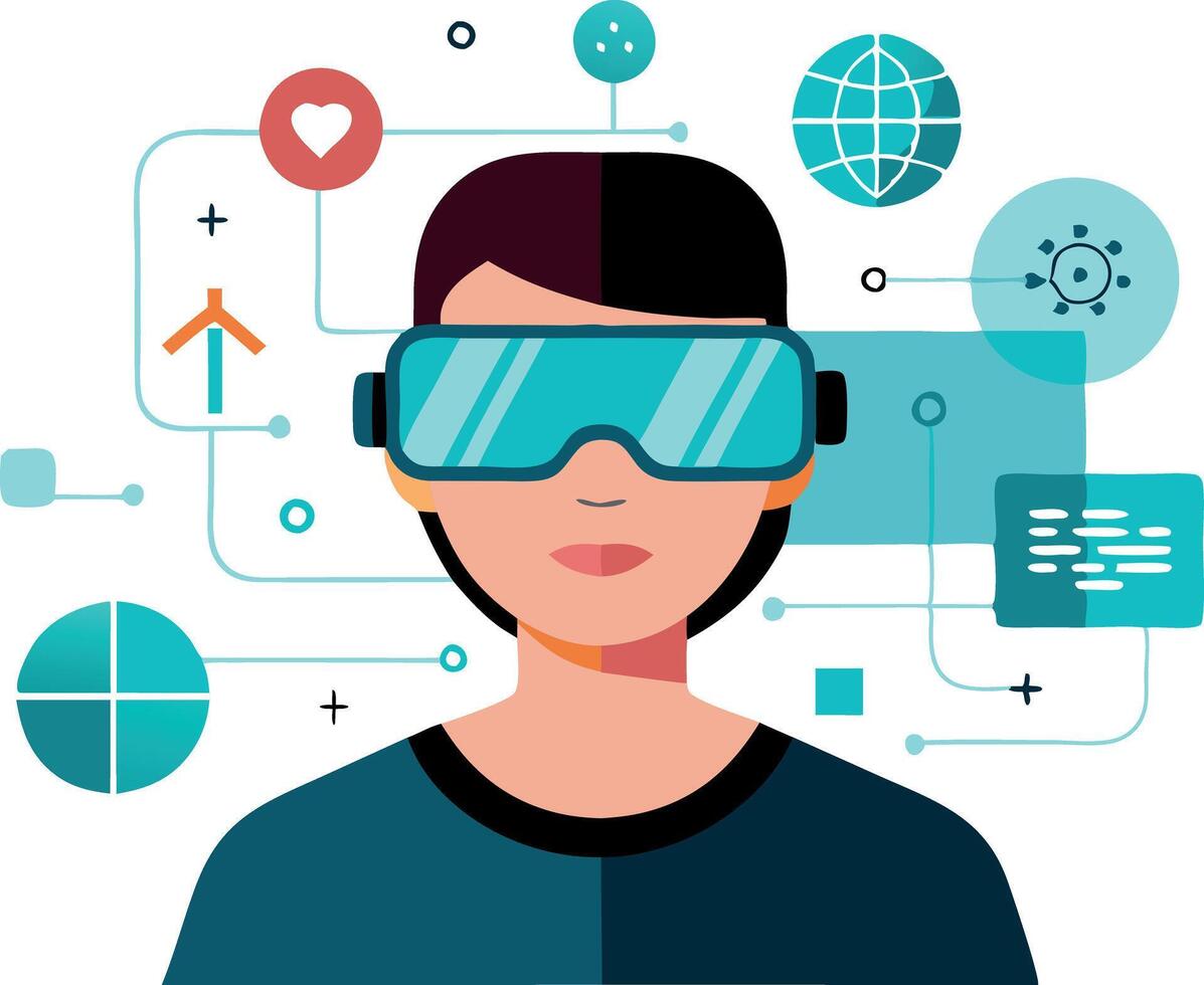 Illustration of person using virtual reality headset surrounded by futuristic technology icons vector