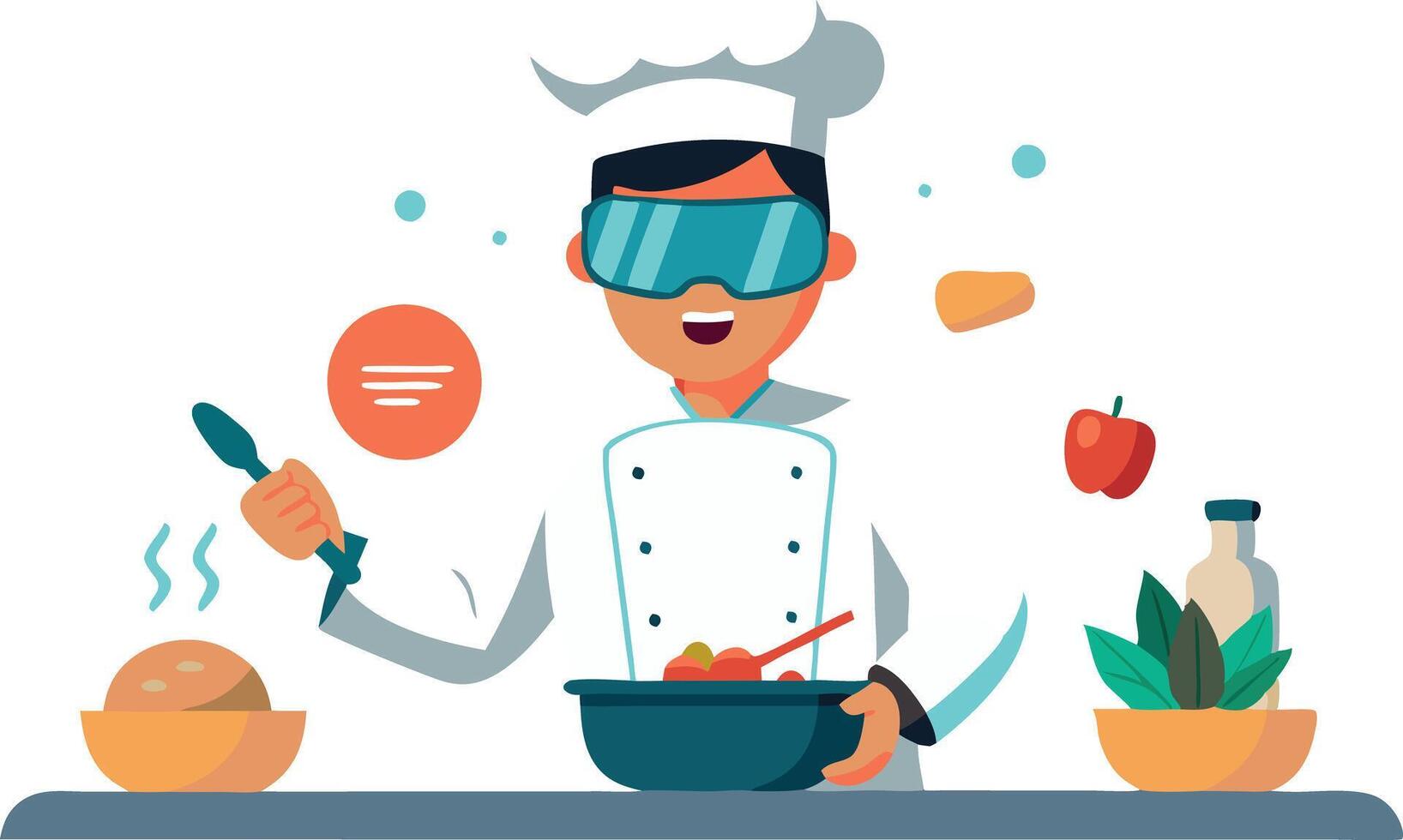 Chef using virtual reality headset to prepare food in kitchen vector