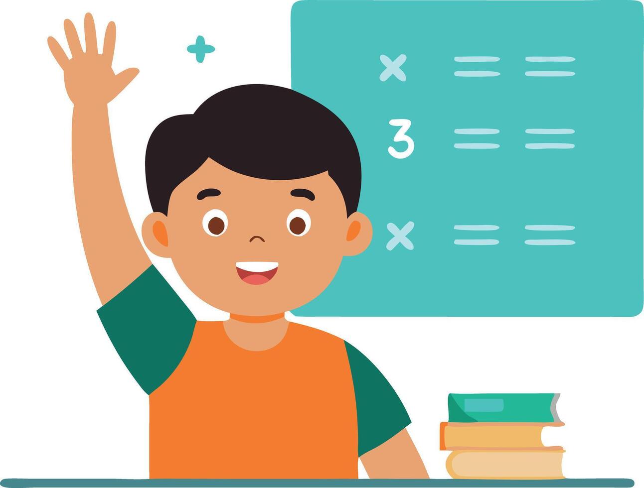 Smiling school boy raising hand in classroom ready to answer math question vector