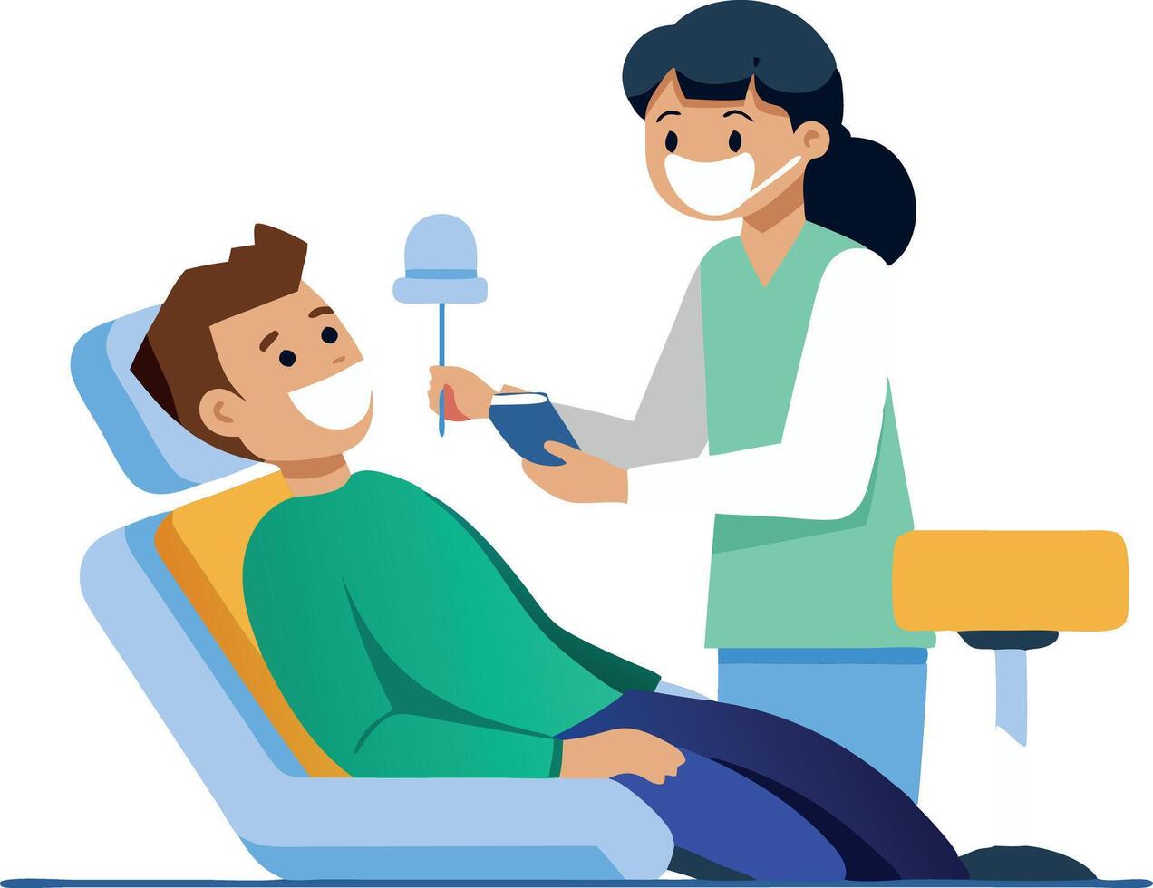Illustration of a smiling patient receiving dental care from a professional dentist vector