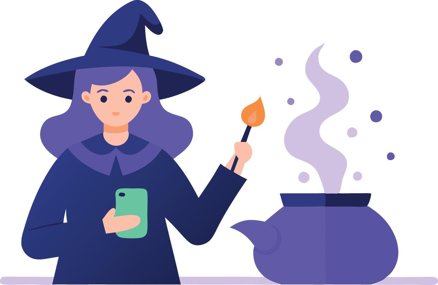 Illustration of a witch using a smartphone while casting a spell with a boiling potion in a cauldron vector