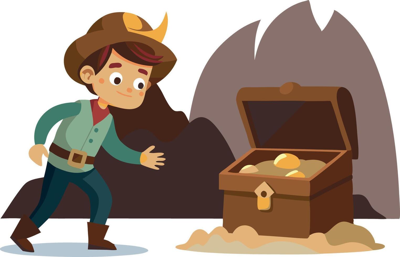 Young prospector discovering a treasure chest full of gold coins in a cave vector