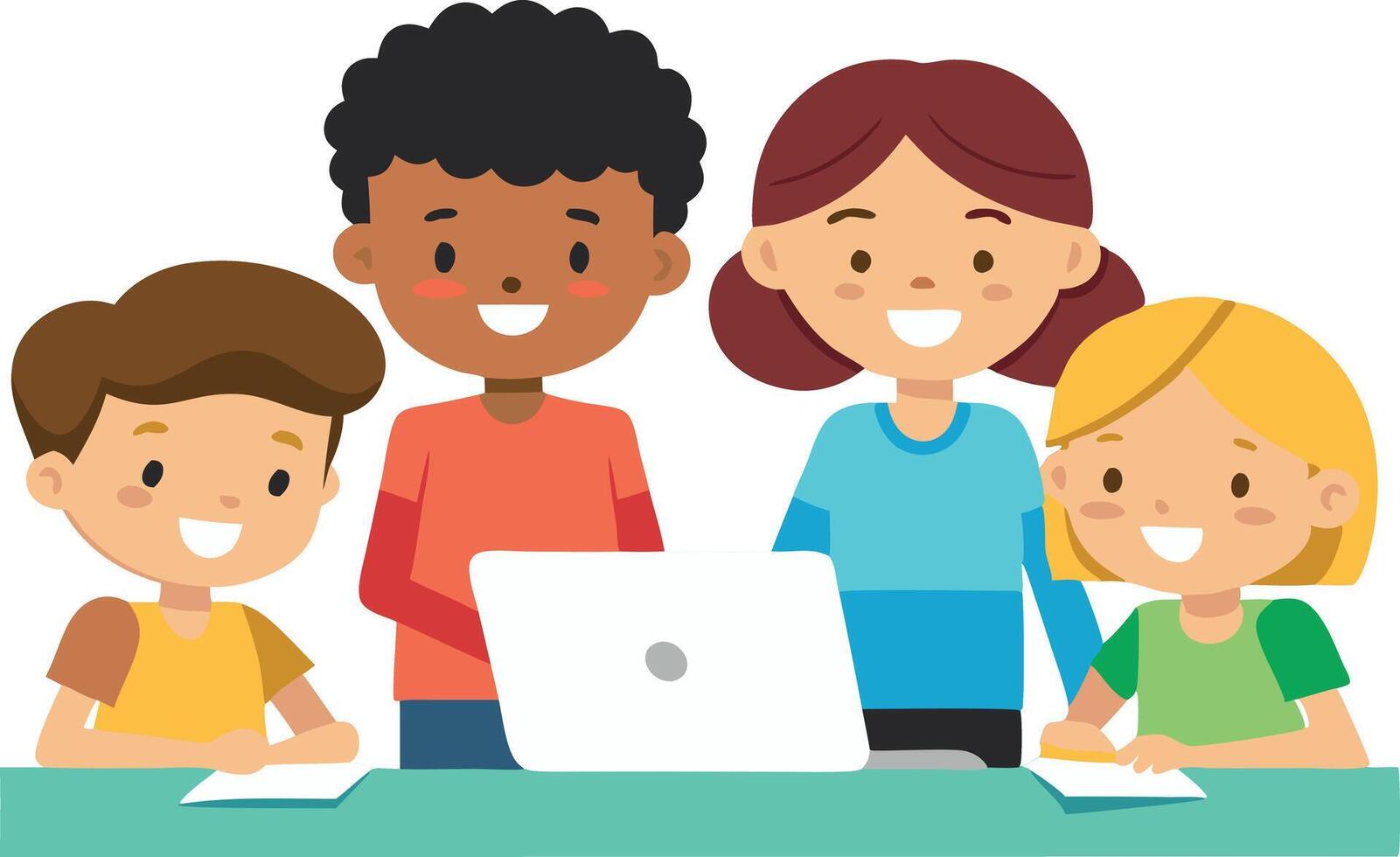 Happy diverse children using a laptop together for learning and fun vector