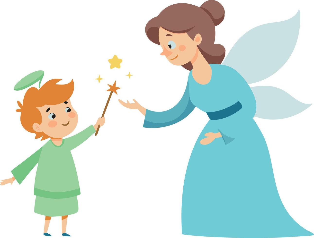 Illustration of a fairy and a child with a magic wand creating a bright star vector
