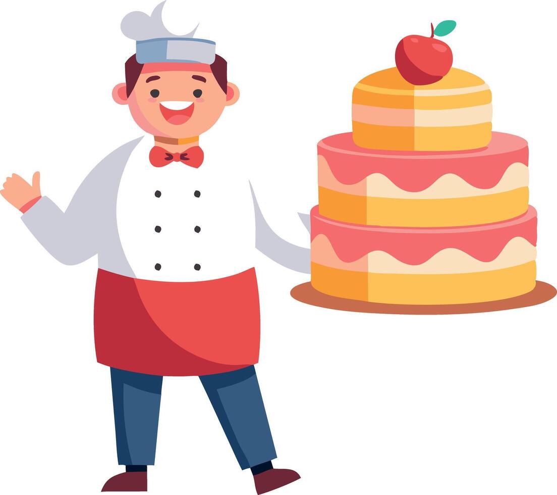Happy baker with large cake, chef, and pastry illustration vector