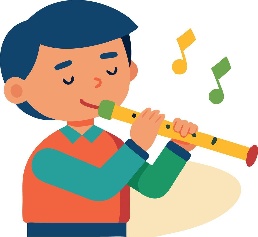 Illustration of child playing flute with colorful musical notes. Young boy enjoying music. vector