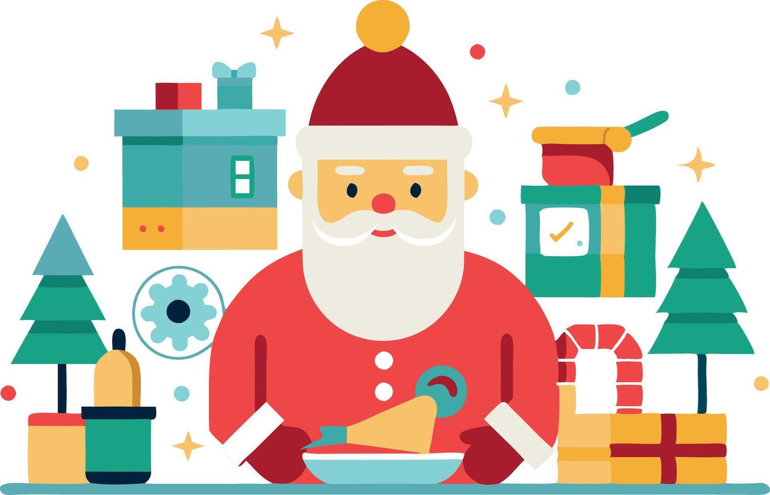 Colorful flat design illustration of Santa Claus among festive Christmas elements vector