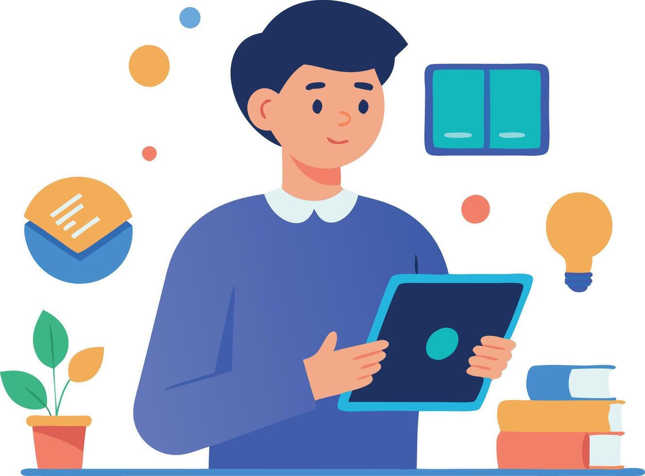 illustration of a man using a tablet in an office environment with books and plant vector