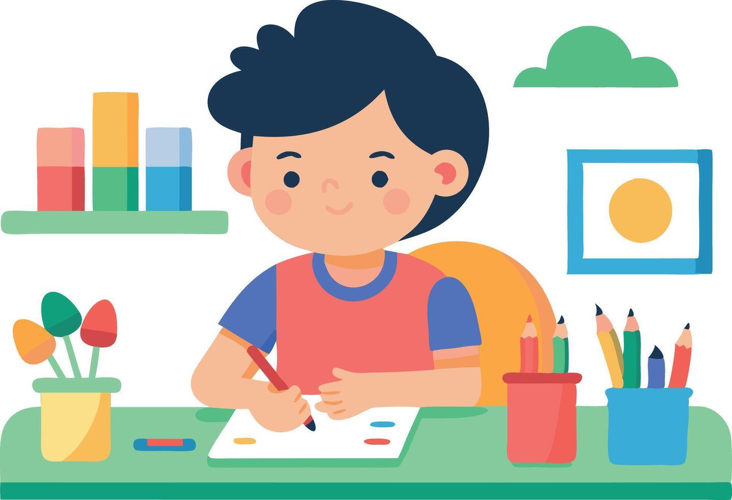 Cute child drawing at desk with colorful pencils and decorations in cheerful room illustration vector