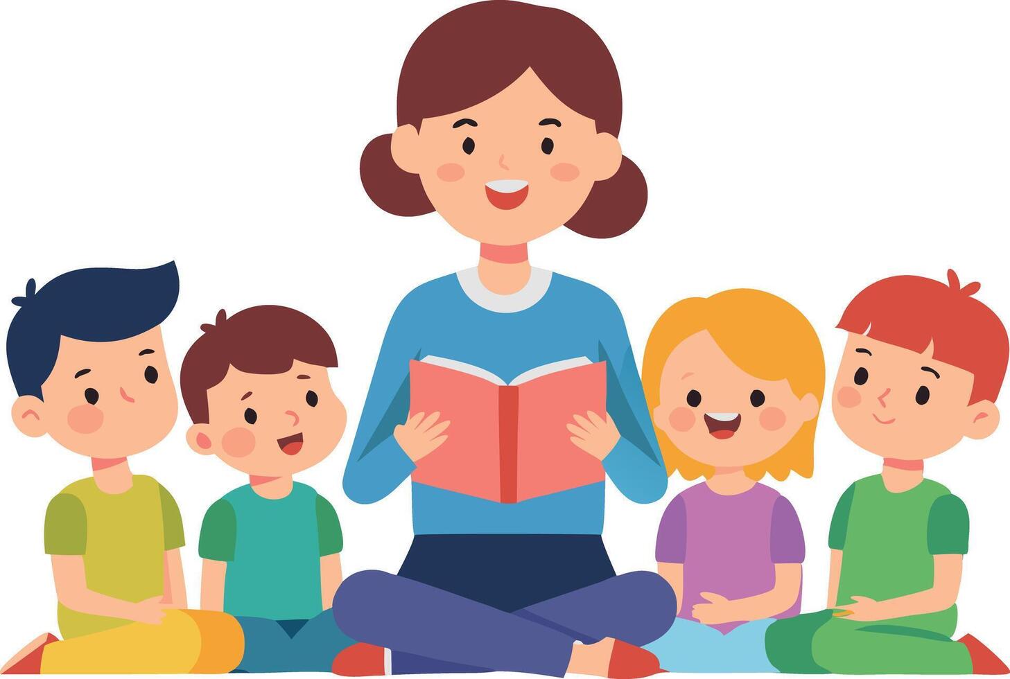 Teacher reading a book to a group of happy children sitting on the floor vector