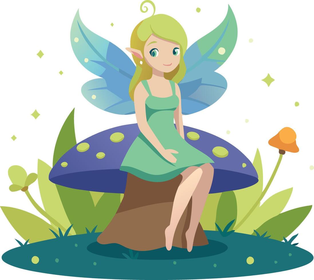 Fairy sitting on a mushroom with wand vector
