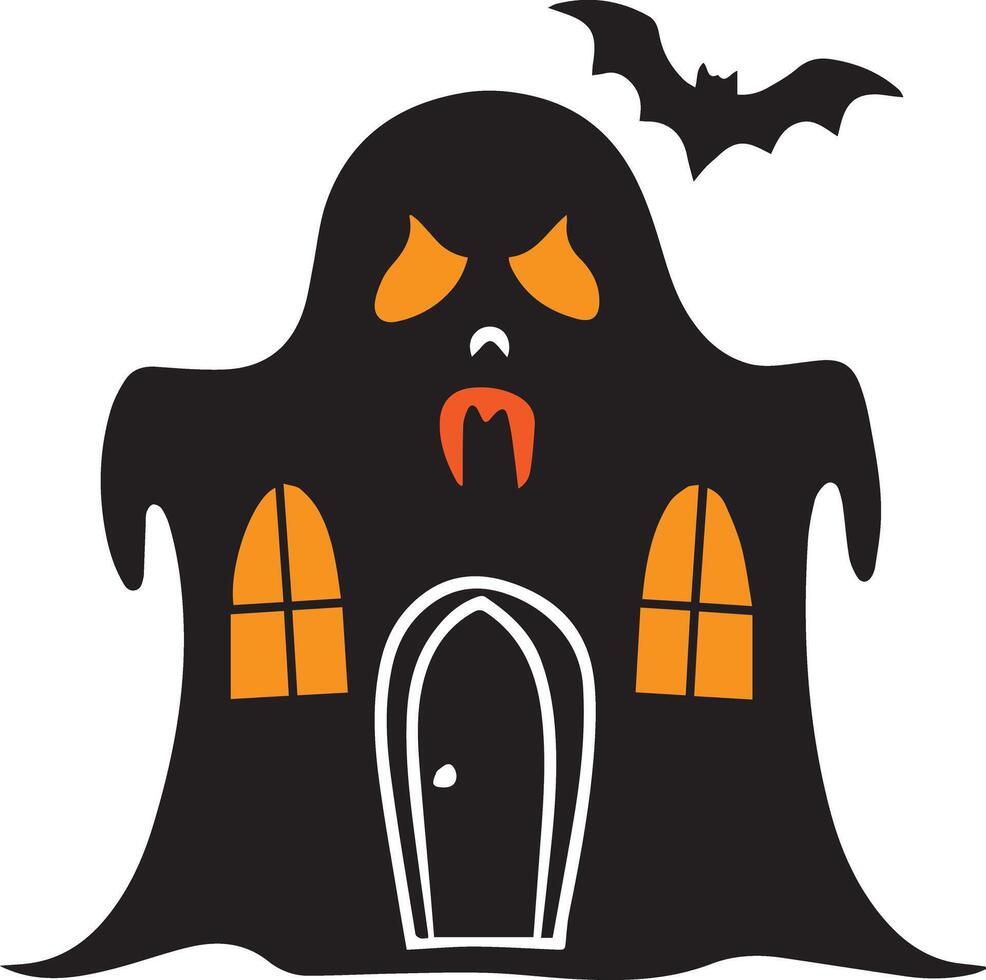 A Halloween ghost house with bat icon image created for various companies, showcasing a creepy, eerie, and haunting design. Ideal for logos, posters, t-shirts, and other graphic projects. vector