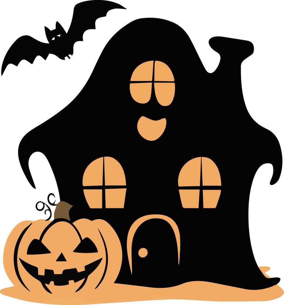 A Halloween ghost house with creepy bat icon image created for various companies, showcasing a creepy, eerie, and haunting design. Ideal for logos, posters, t-shirts, and other graphic projects. vector