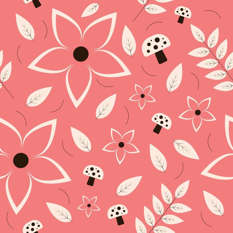 Beautiful pink leaf, flowers and mashroom design seamless pattern vector