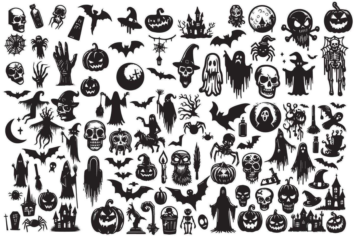 collection of silhouettes of Halloween. Horror set of Halloween sticker sketch set. Hand drawn doodle. Set of halloween and magic elements. vector