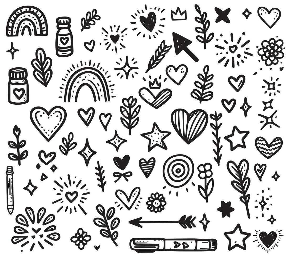 Doodle cute glitter pen line elements. Doodle heart, arrow, star, sparkle decoration symbol set icon. Simple sketch line style emphasis, vector