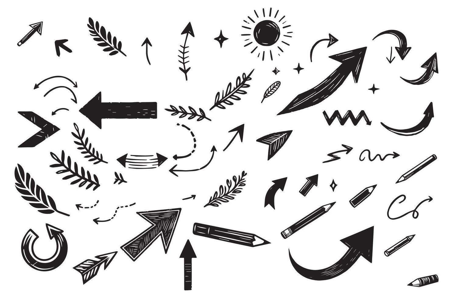 Arrow line chalk hand drawn brush set. Grunge square, spiral, arrow element scribble line brush hand drawn vector