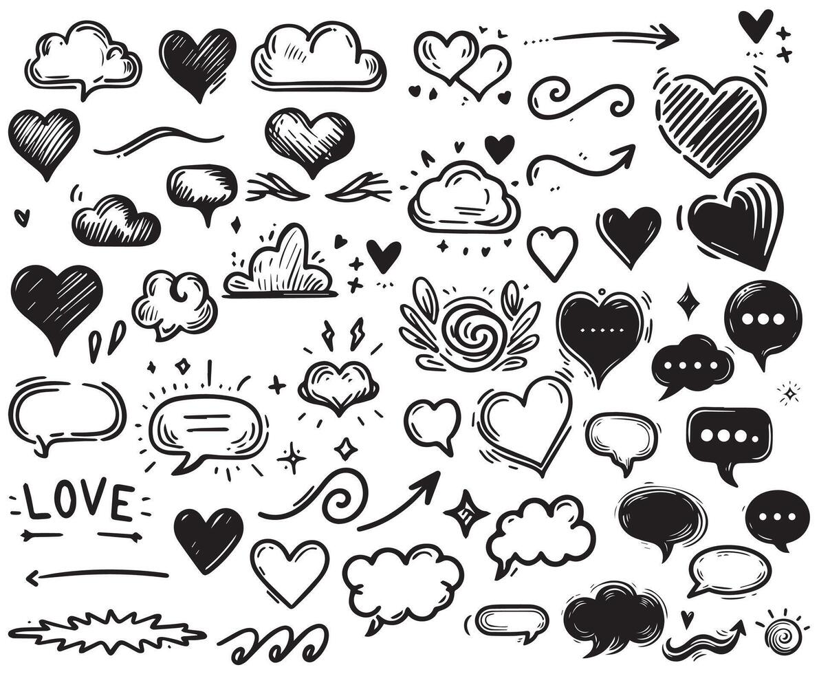 Sketch underline, emphasis, line shape set. Hand drawn swirl swoosh, love, speech bubble, underline element. vector