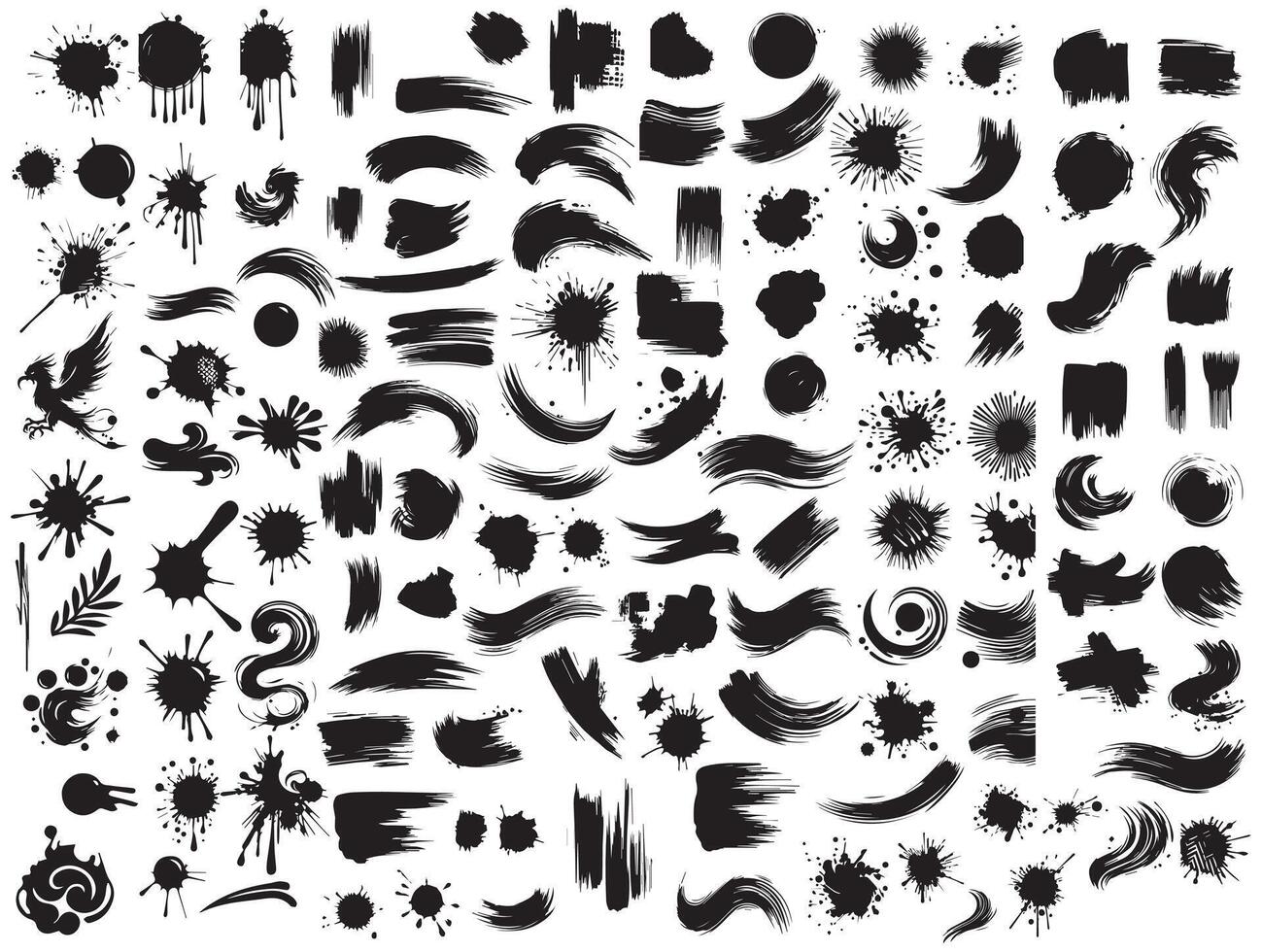 Black ink blots with drops. Different handdrawn spray design elements. Paint ink splatter, stains set. vector