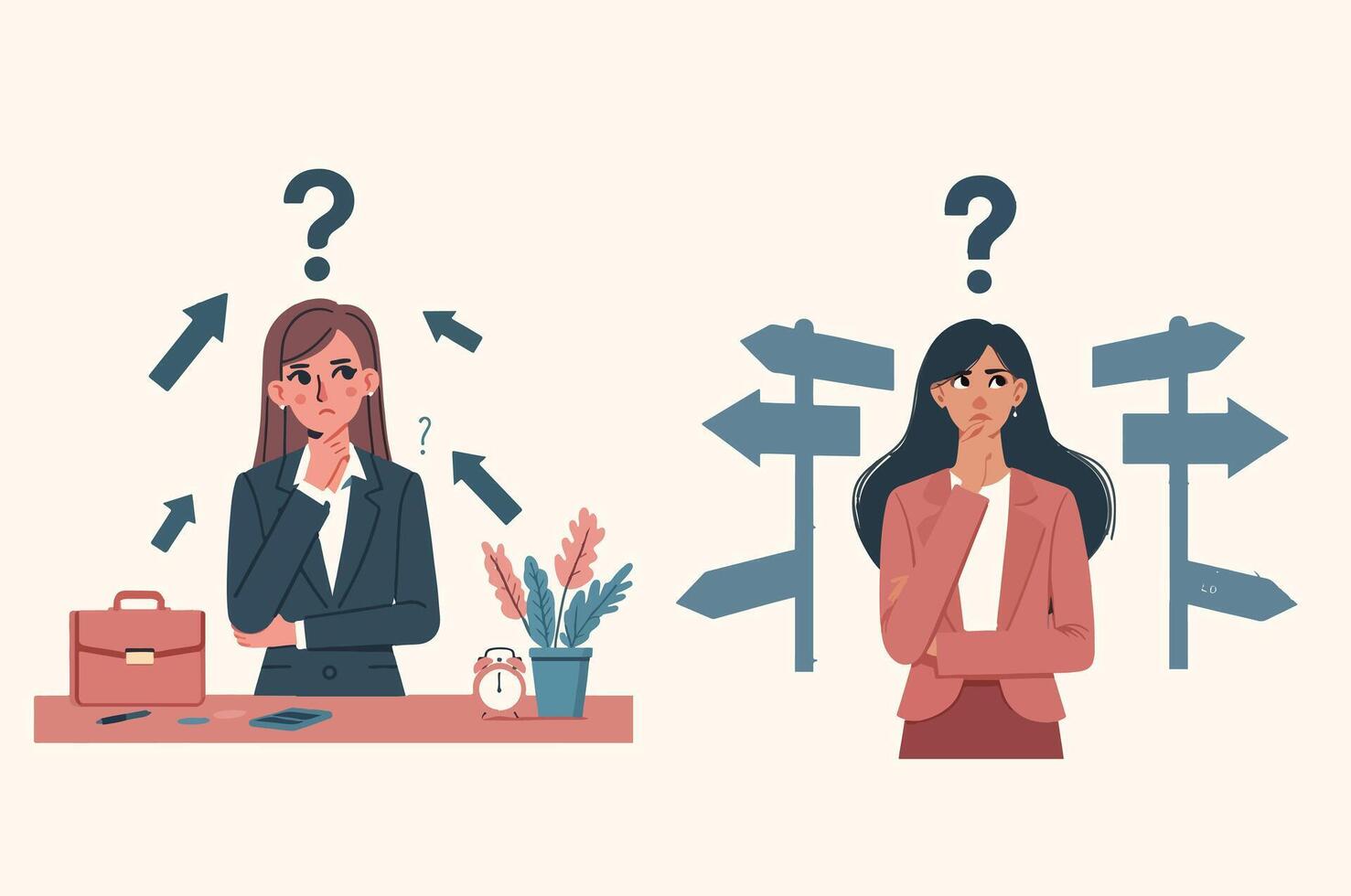 Tough decisions, choosing career path, make choices or think about final result, business directions challenge, confusion or decide options concept vector