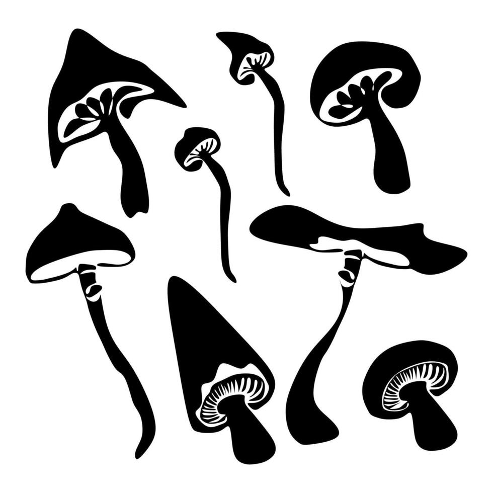 Set of fantasy mushrooms silhouette. Hand drawn illustrations collection. Forest plants sketches. Botanical set. silhouette isolated on white background vector