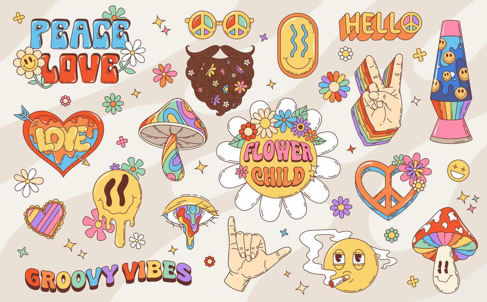 Retro groovy hippie symbols of peace and flowers vector