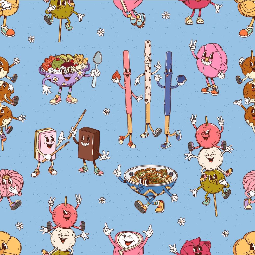 Groovy Japan desserts characters seamless pattern, vector