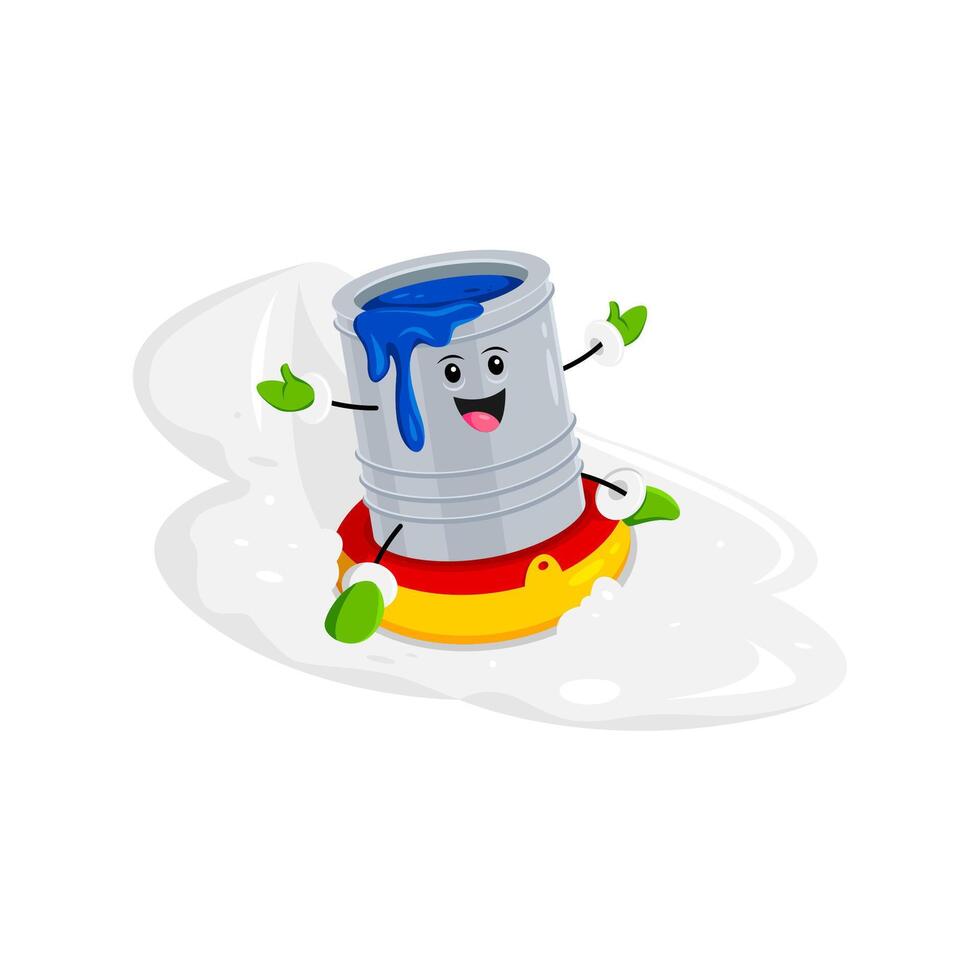 Cartoon paint bucket, slides downhill on sled vector