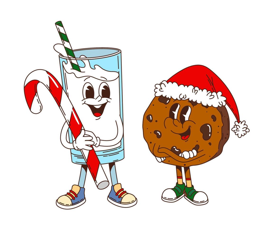Retro groovy Christmas milk, chocolate characters vector