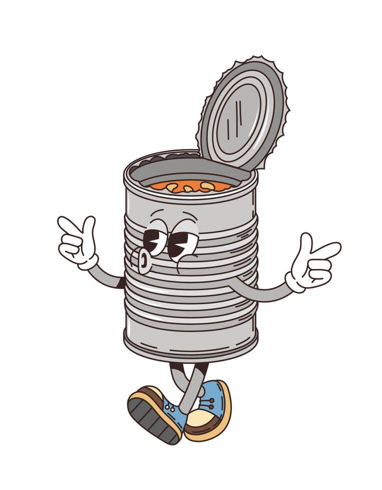 Groovy cartoon travel character, conserves tin can vector