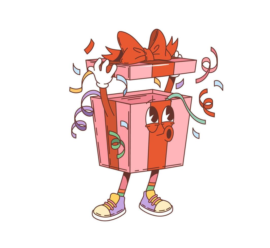 Retro groovy gift box character, confetti surprise vector