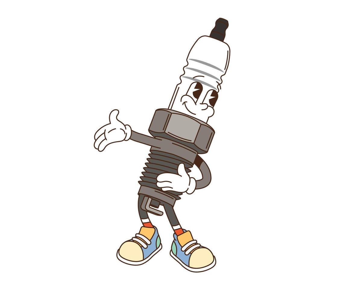 Cartoon retro groovy car spark plug character vector