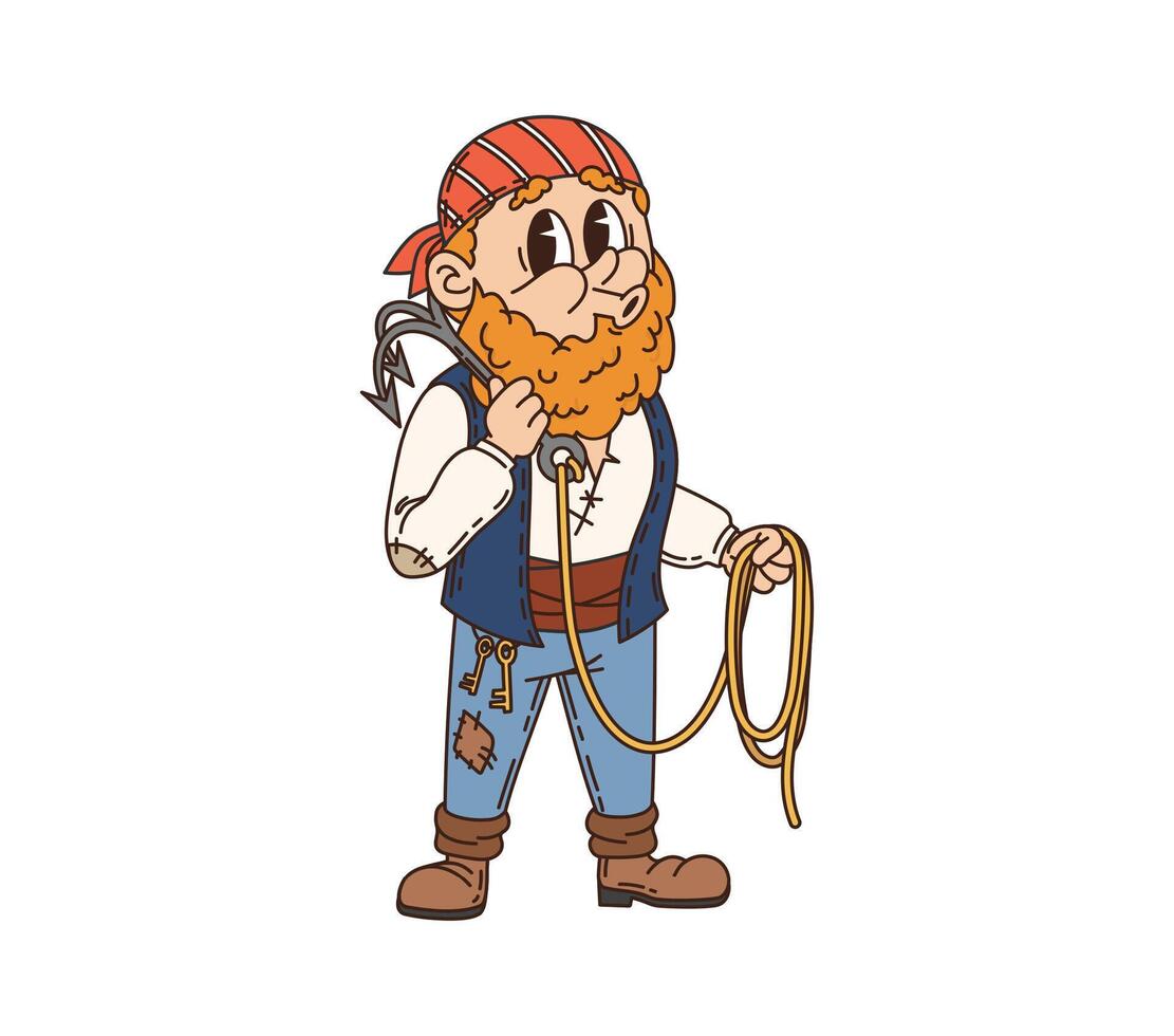 Cartoon groovy pirate holds a grappling hook vector