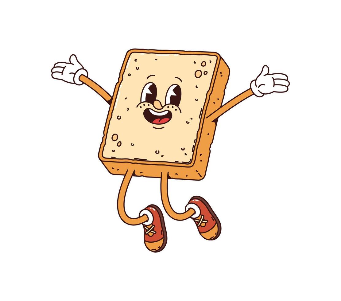 Toast retro groovy breakfast character jumping vector