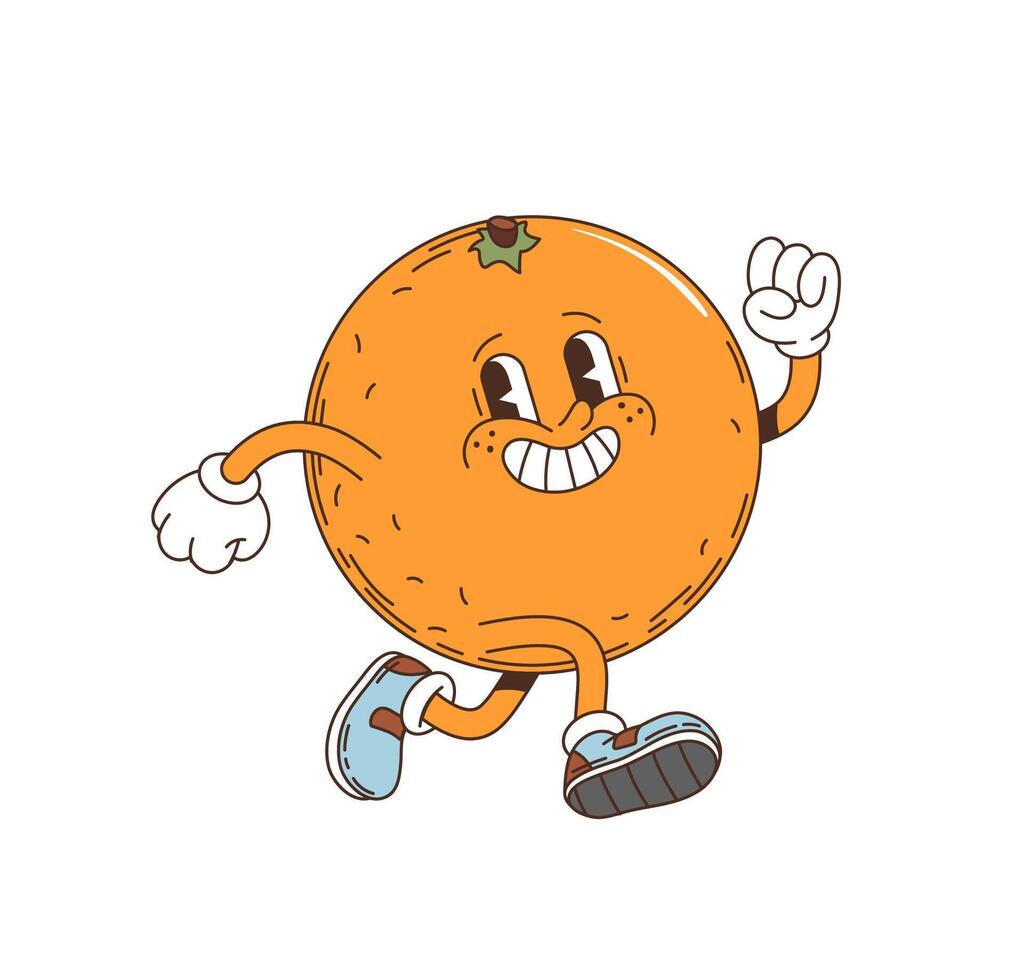 Cartoon groovy orange retro character fruit runs vector