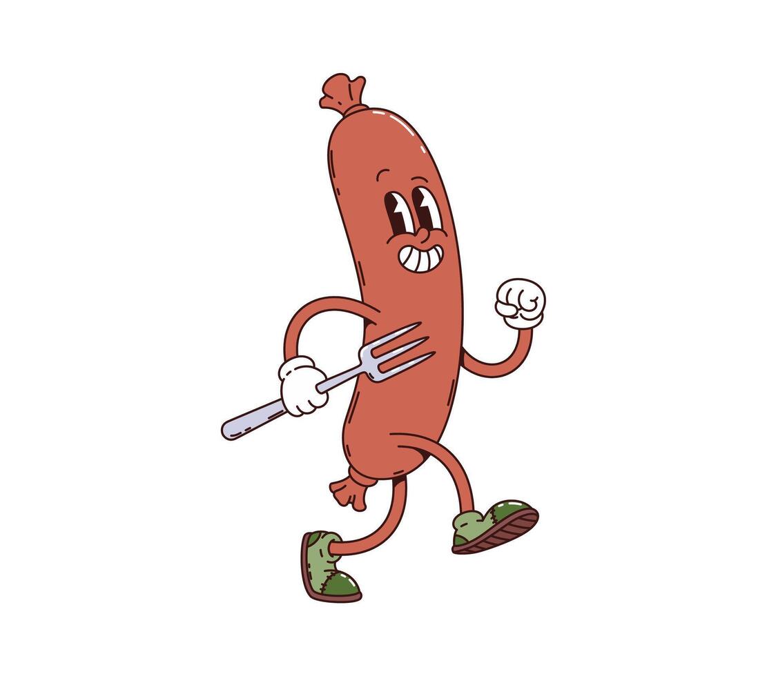 Sausage retro groovy character running with fork vector