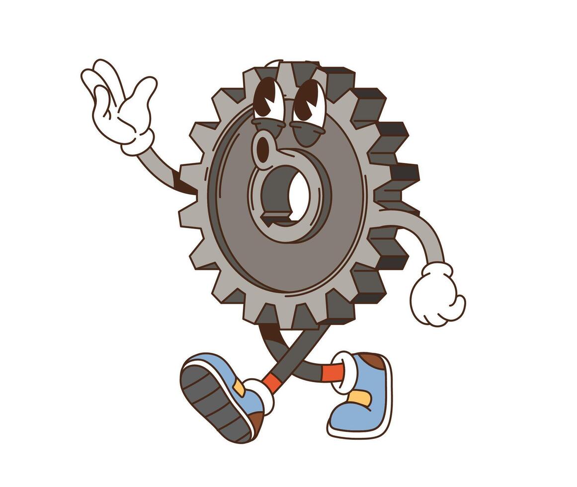 Retro groovy car gear character cheerfully whistle vector