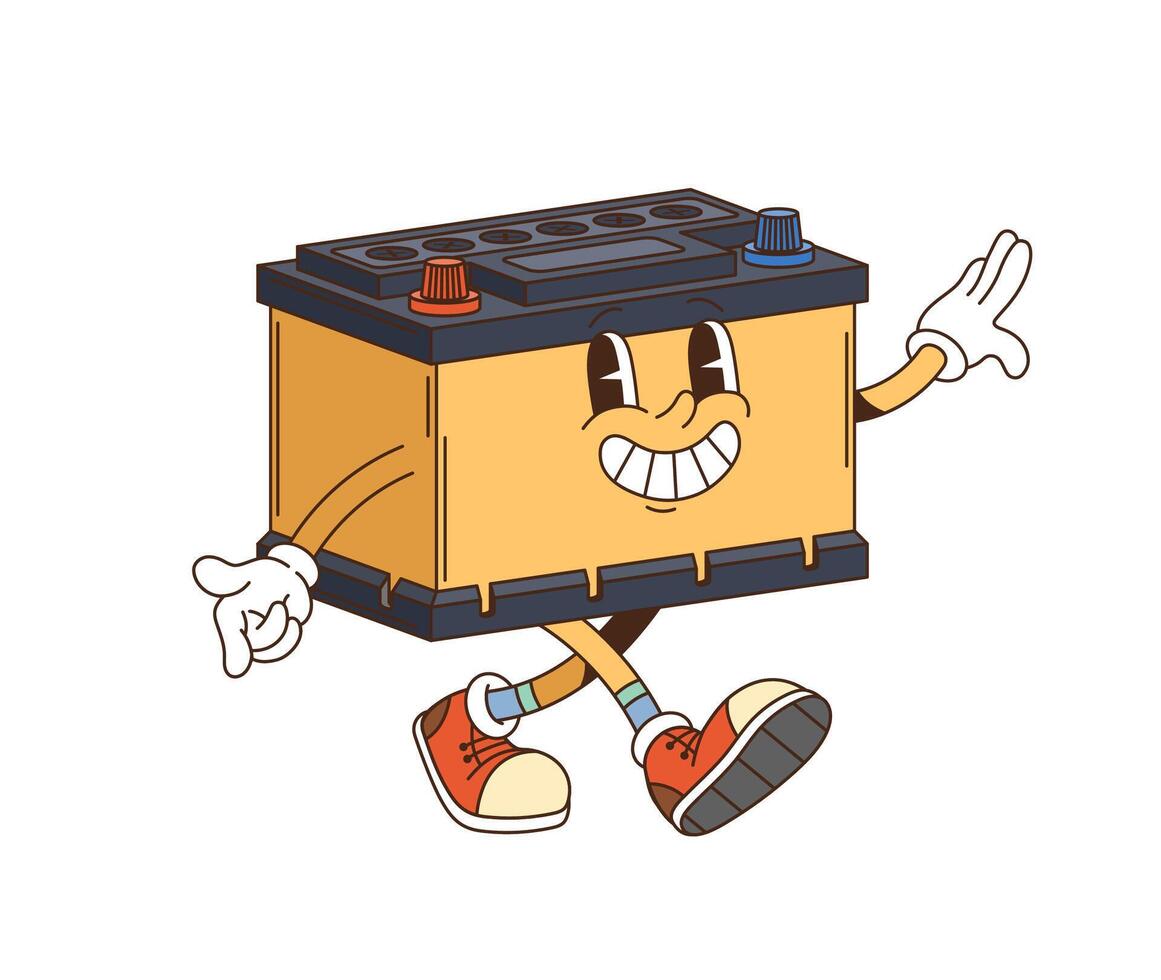 Retro groovy car battery nostalgic character vector