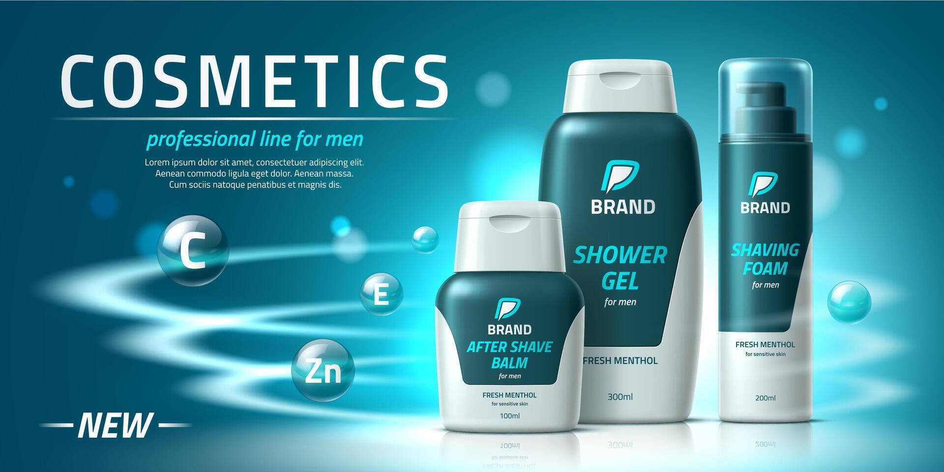 Men cosmetic products, shower gel, shaving foam vector