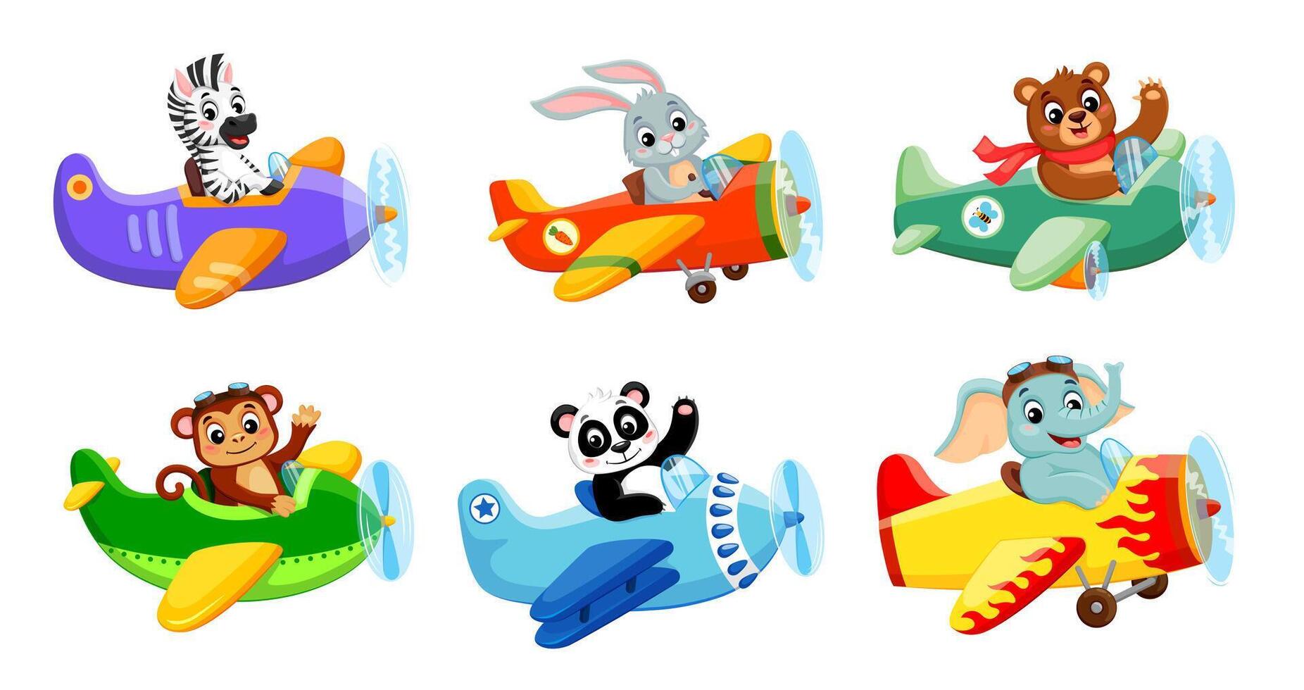 Cartoon animals on planes, cute pilots vector