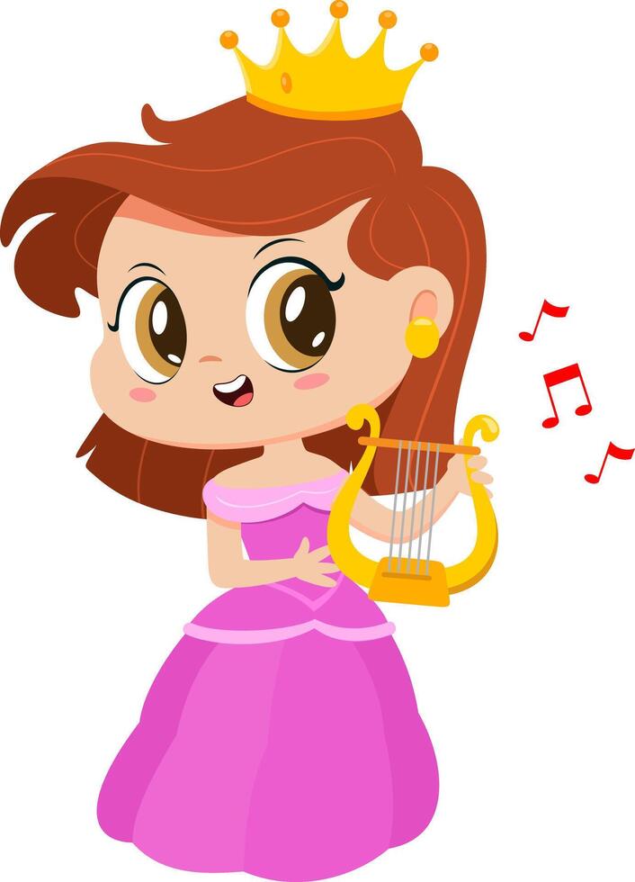 Cute Little Princess Girl Cartoon Character Sing A Song With Harp vector