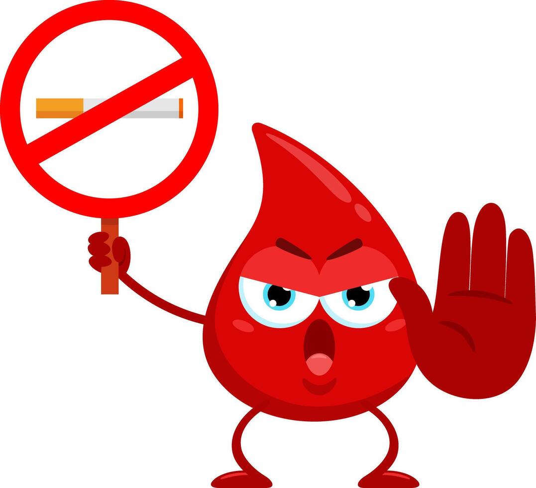Angry Red Blood Drop Cartoon Character Holding A No Smoking Sign vector
