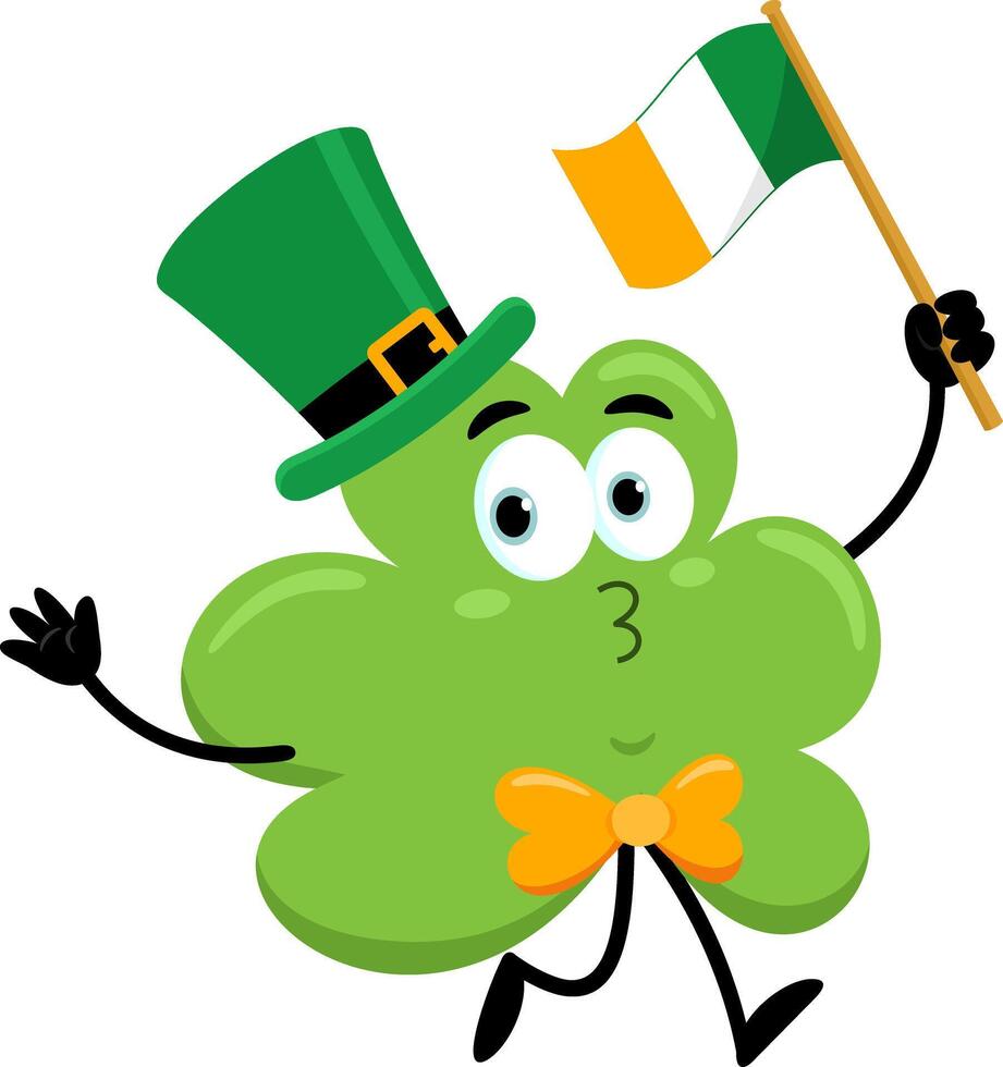 St. Patrick's Clover Leaf Cartoon Character Running With Flag Of Ireland vector